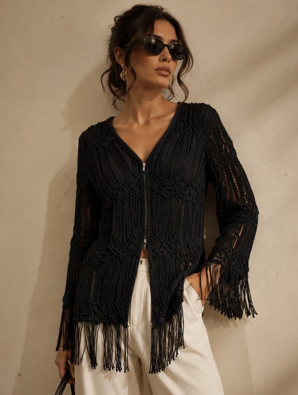 GIORGIO ARMANI Black Macramé Fringe Zip Front Jacket Boho Chic